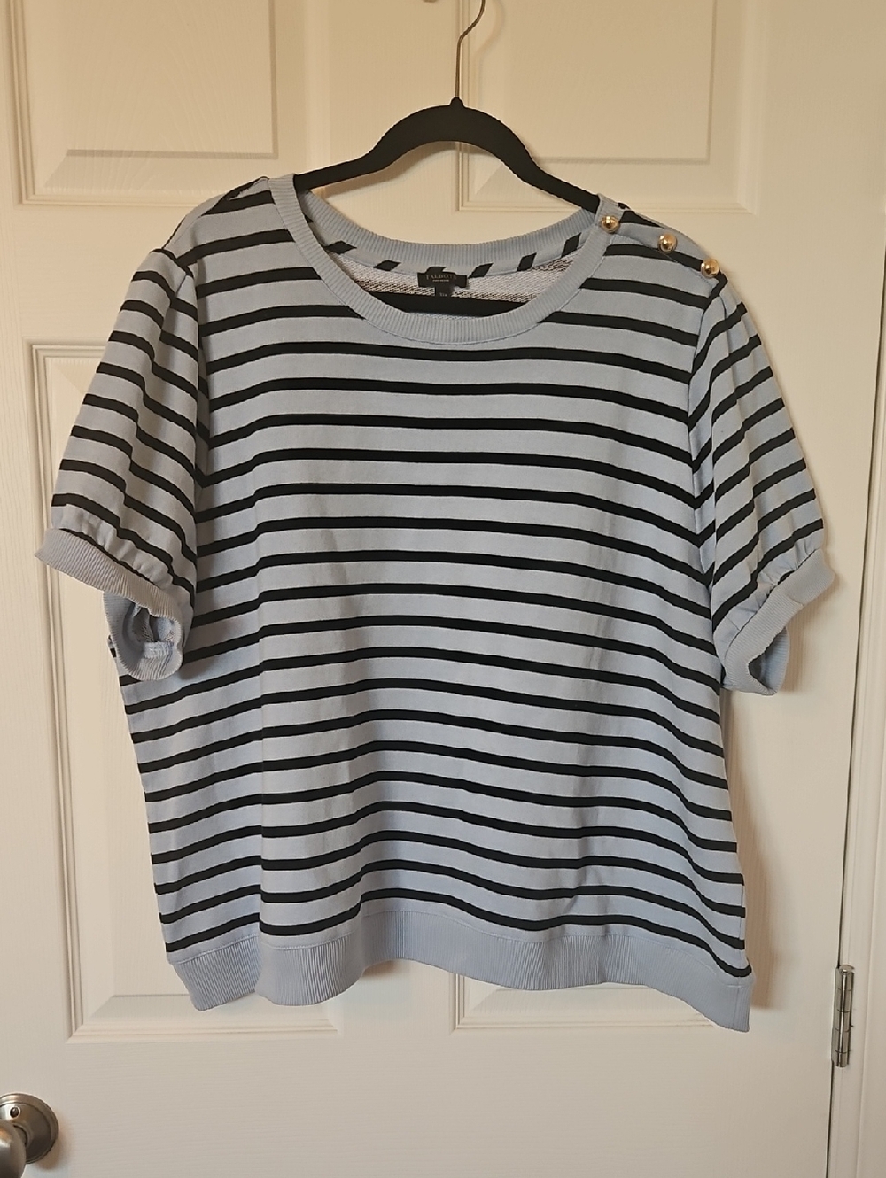 Talbots Light Blue and Black Striped Short-Sleeve Top with Gold Shoulder Buttons